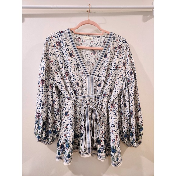 MAXSTUDIO Floral Blouse Tie Waist Balloon Sleeve V Neck Boho Rayon Top - Picture 1 of 10